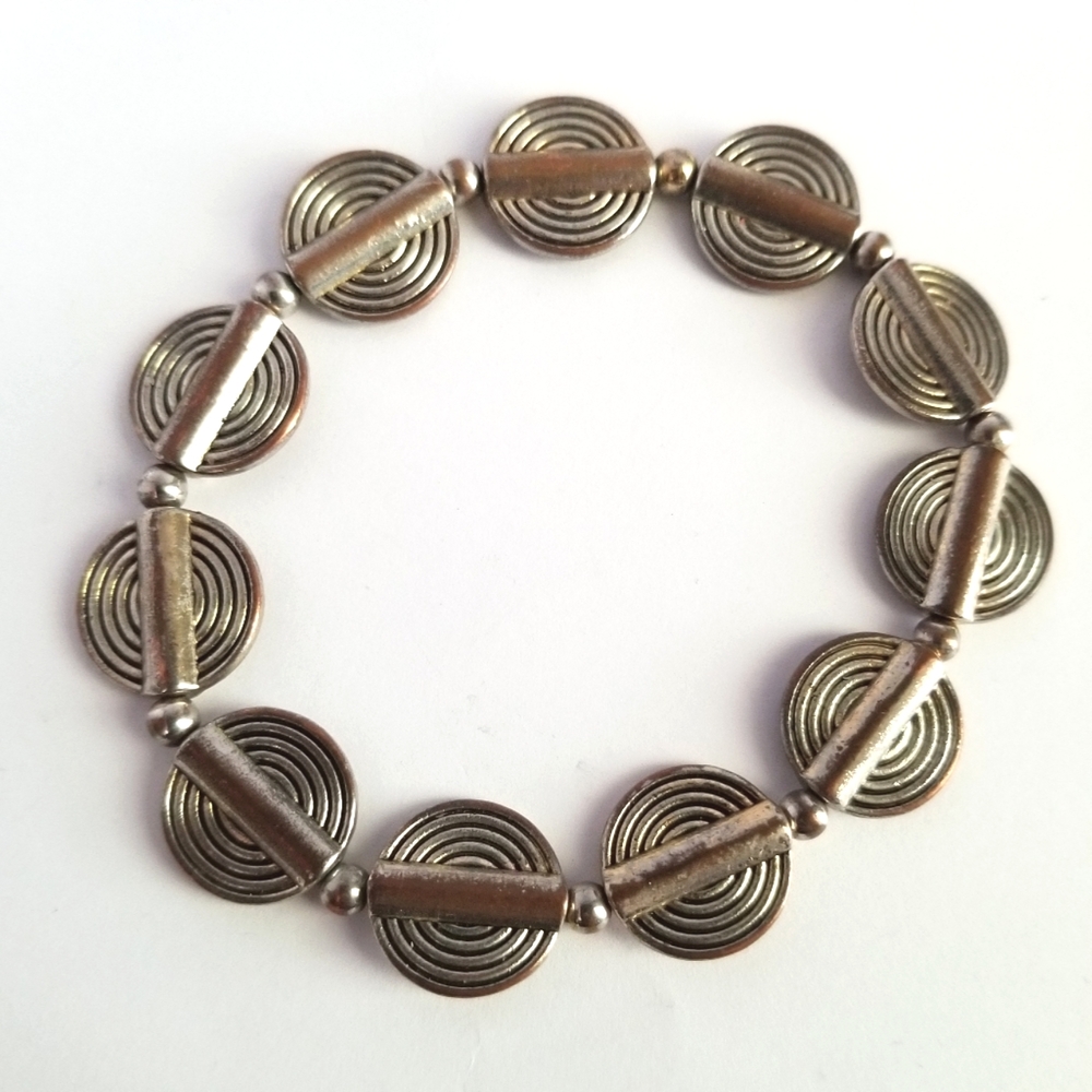 Beaded bracelet silver tone stretch circle beads boho style handmade
